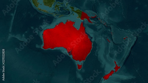 Oceania continent map highlighted in red on satellite globe video footage