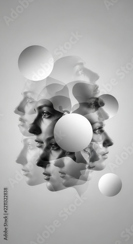 Multiple female faces in profile with spheres. Abstract concept of identity and perception.
