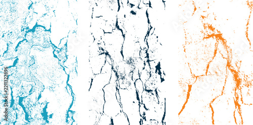 Set of three abstract grunge textures with cracked patterns in blue, dark blue and orange colors
