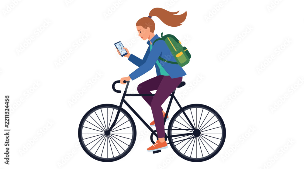 Fototapeta premium Female Cyclist with Backpack Navigating with Smartphone on Bicycle Flat Vector Illustration