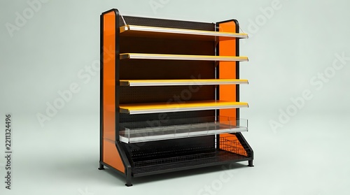 Empty Modern Retail Gondola Shelving Unit with Orange Side Panels and Yellow Shelves for Supermarket Display, Grocery Store Fixture, Commercial Merchandise Rack Isolated on Neutral Background
