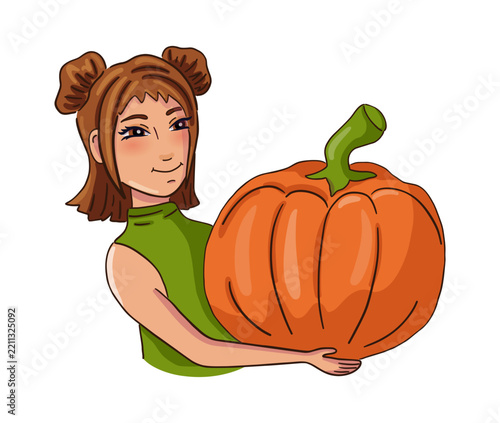 Female person with pumpkin isolated on white background. Vector illustration.
