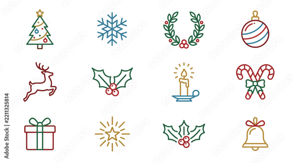 Fototapeta premium Colorful collection of Christmas holiday icons are arranged in a grid pattern on a clean white background, featuring festive symbols like a decorated tree, snowflake, wreath, ornament, reindeer.