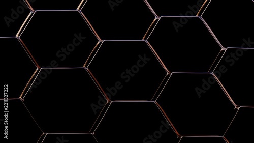 Shifting dark blue hexagonal geometric pattern with gold edges