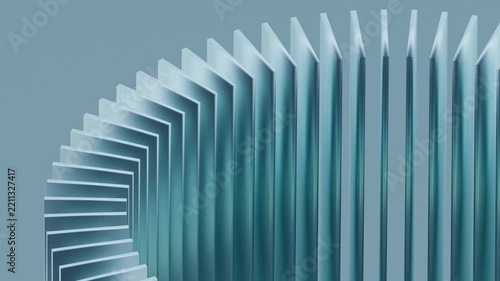 Close-up of metallic panels curving in a synchronized arc