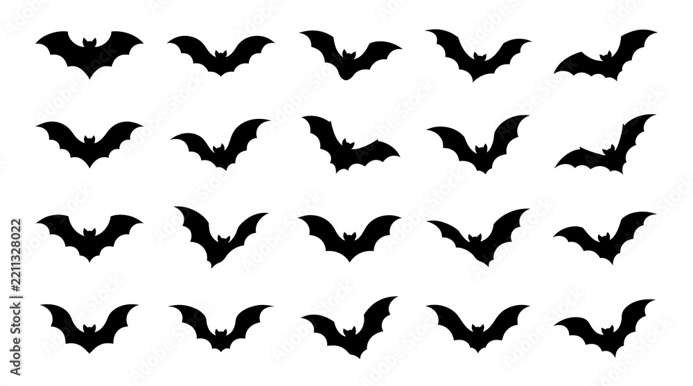 Fototapeta premium Set of black bat silhouettes isolated on white background