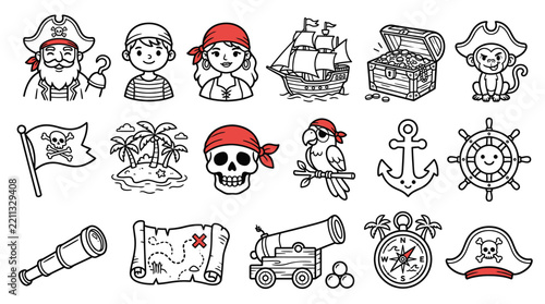 Hand-drawn pirate adventure and character icon set.