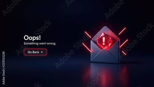 A 3d rendered error message with a glowing red envelope and crystal exclamation mark icon with rendered interface displays communication notification technology web