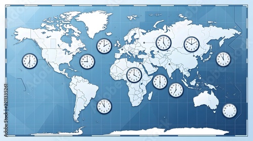 World map with clocks showing different time zones around the world