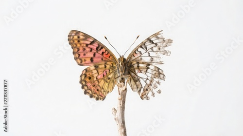 A fragile butterfly with one perfect wing and one tattered wing resting delicately on a thin twig against a clean white background