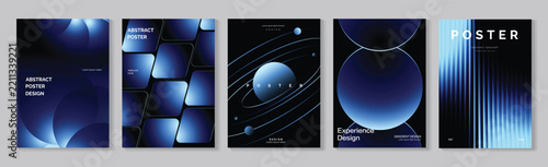 Blue Gradient Poster Vector Collection with Futuristic Metallic Forms, Orbital Geometry, Dark Abstract Shapes and Sleek Technology Covers