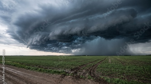Heavy thunderstorm rain falling over green farmland crossed by muddy tire tracks