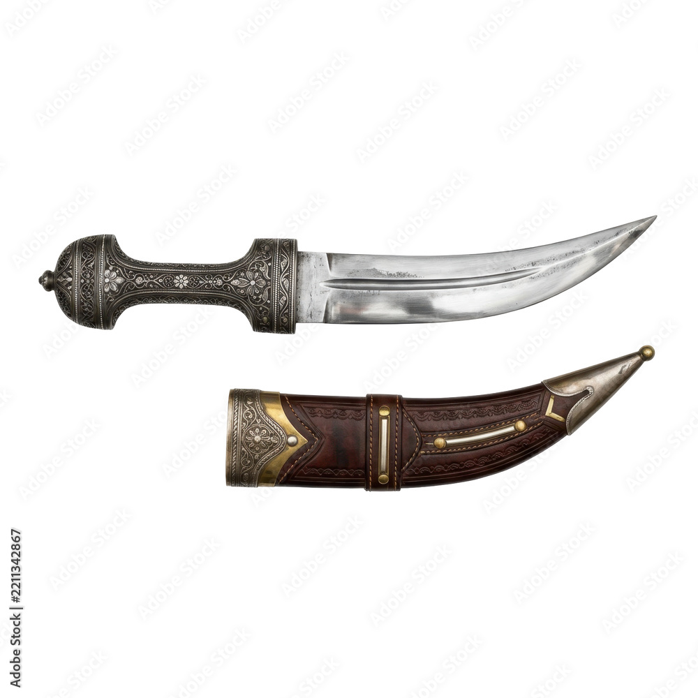 Fototapeta premium Ornate curved dagger with detailed metalwork on handle and sheath. Antique Islamic weapon with leather scabbard.