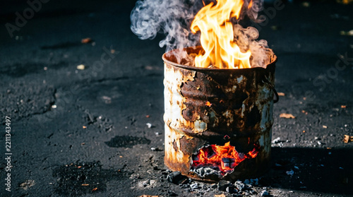 Rusty metal barrel fire burning at night with glowing embers and swirling smoke on cracked road.