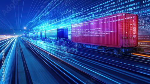 Train moving through digital landscape with binary code, representing technology and transportation innovation