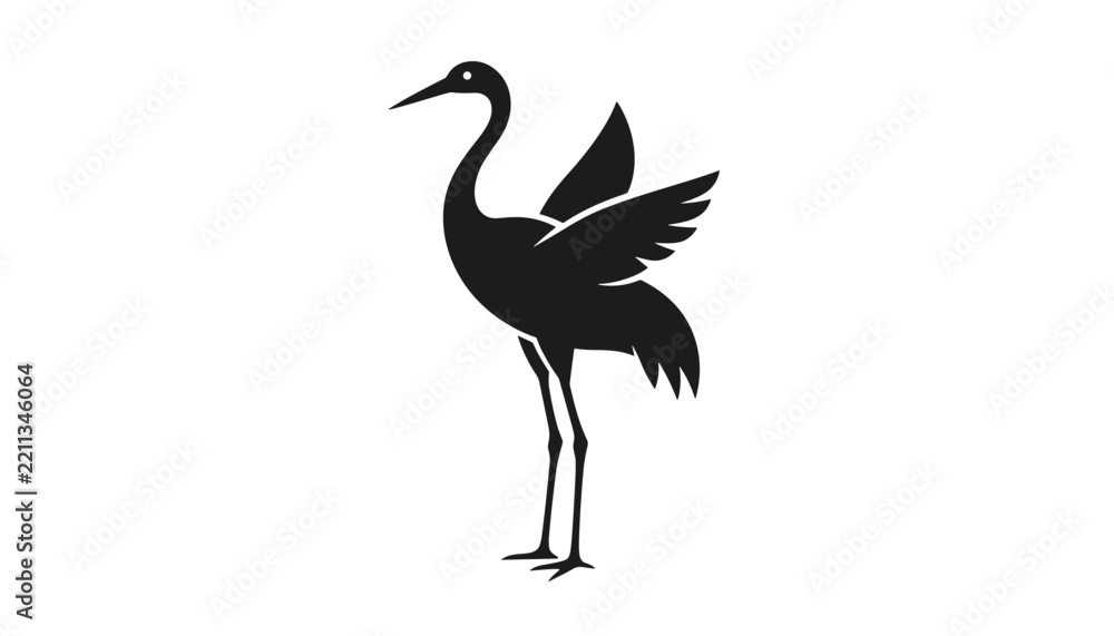 Obraz premium Graceful silhouette of a standing crane bird with partially open wings positioned against a clean white background.