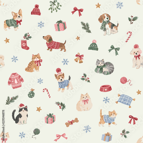 Quirky and Whimsical Christmas Pets Seamless Pattern with Cute Dogs, Cats and Cozy Holiday Elements