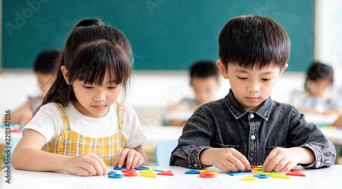 Children play with colored shapes in a classroom during a learning activity in the day