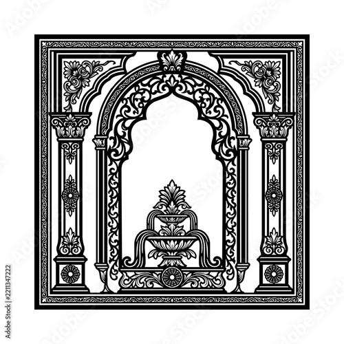 Ornate vintage architectural arch frame with decorative floral elements vector