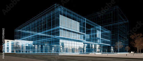 Modern Architectural Building Wireframe Dark Render