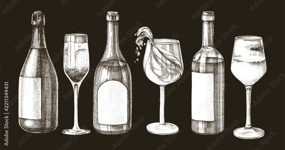 Obraz premium Wine bottles and glasses vector sketch