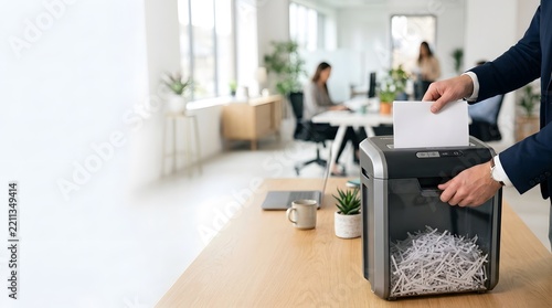 A person in a suit feeds paper into a shredder at an office desk.