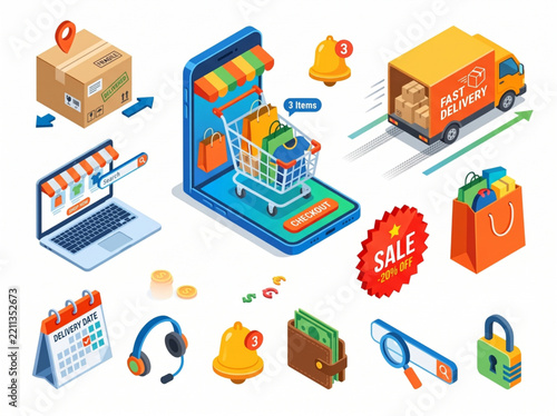 Isometric online shopping and ecommerce icons set