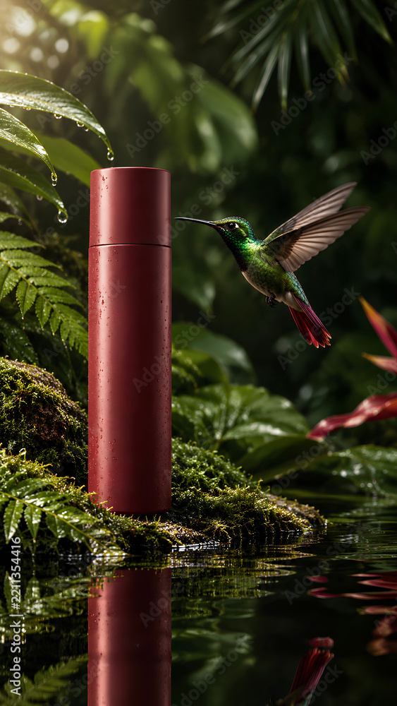 Obraz premium Matte red cosmetic spray bottle standing on mossy rock with flying green hummingbird in lush tropical jungle