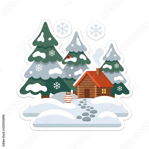 Christmas House In The Forest White Outline Sticker