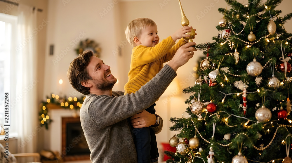 Obraz premium A happy father holding his smiling son up to place a golden christmas ornament on the top of a decorated tree in a brightly lit living room during the holiday season