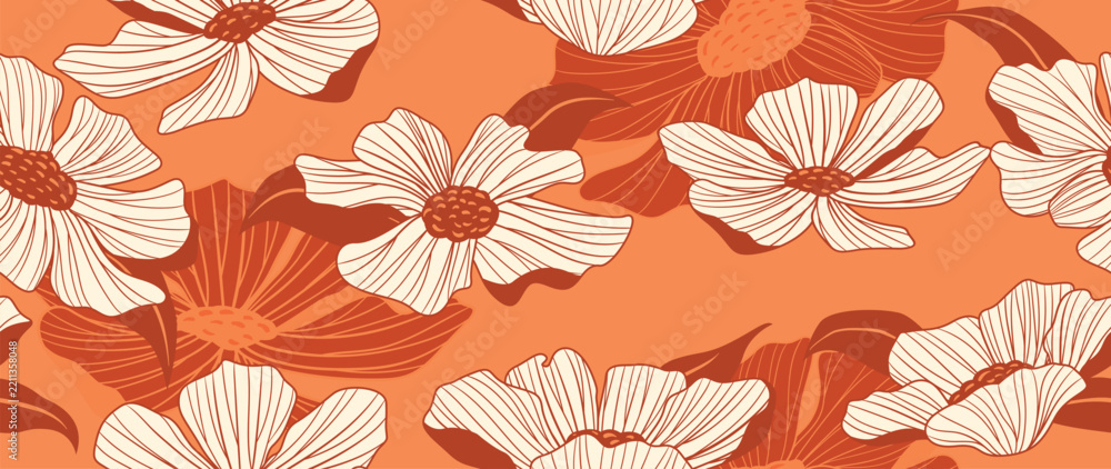 Fototapeta premium Retro Floral Vector Seamless Pattern Featuring Cream Orange Deep Red Blossoms on Coral Background for Bold Fabric Wallpaper Decorative Prints
