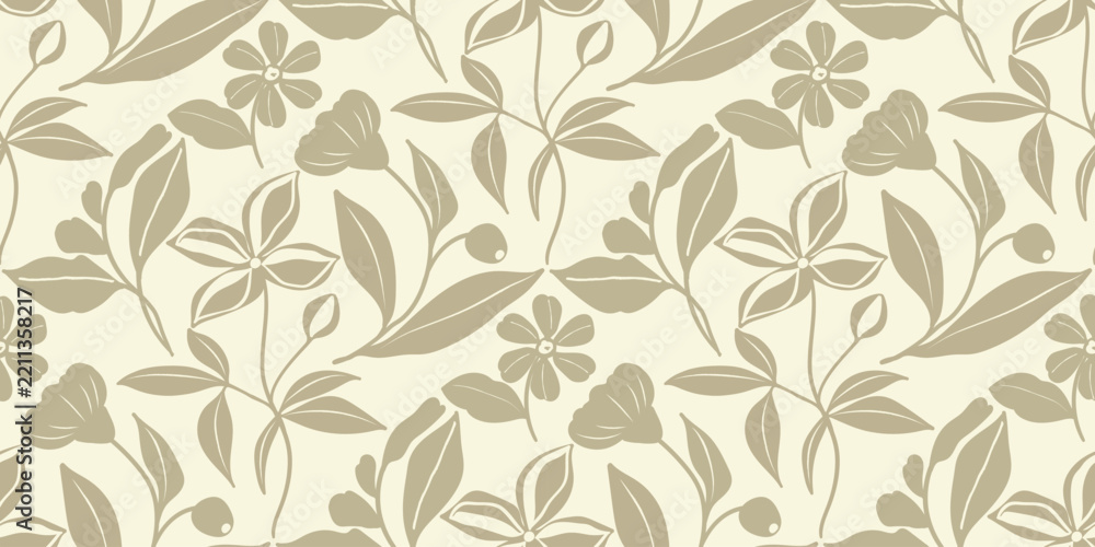 Fototapeta premium Vintage Botanical Vector Seamless Pattern Featuring Muted Sage Flowers, Delicate Leaves, Vines on Light Cream Background for Classic Surface Design