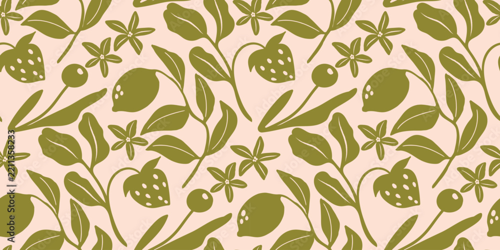 Fototapeta premium Playful Botanical Vector Seamless Pattern Featuring Olive Green Flowers, Strawberries, Leaves, Berries on Warm Cream Background for Textile Prints