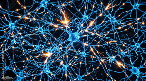 Neural network graphic with interconnected neurons for scientific and