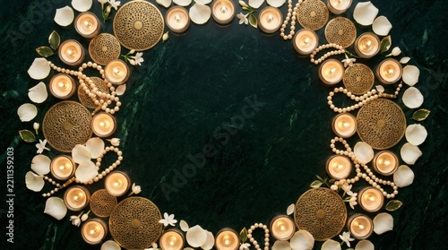 Elegant Festive Background With Golden Candles Pearls And White Petals