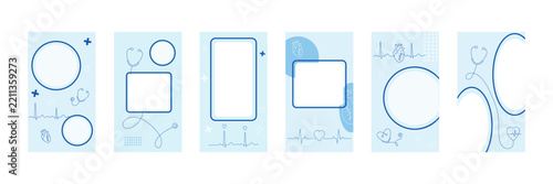 Medical story template set, heartbeat cardio banner. Vertical backgrounds for social media size. Vector illustration isolated on white background for medicine, healthy insurance, web stories clinic