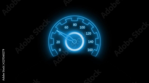 Glowing speedometer icon on a black background, showing low speed with a soft neon effect animation