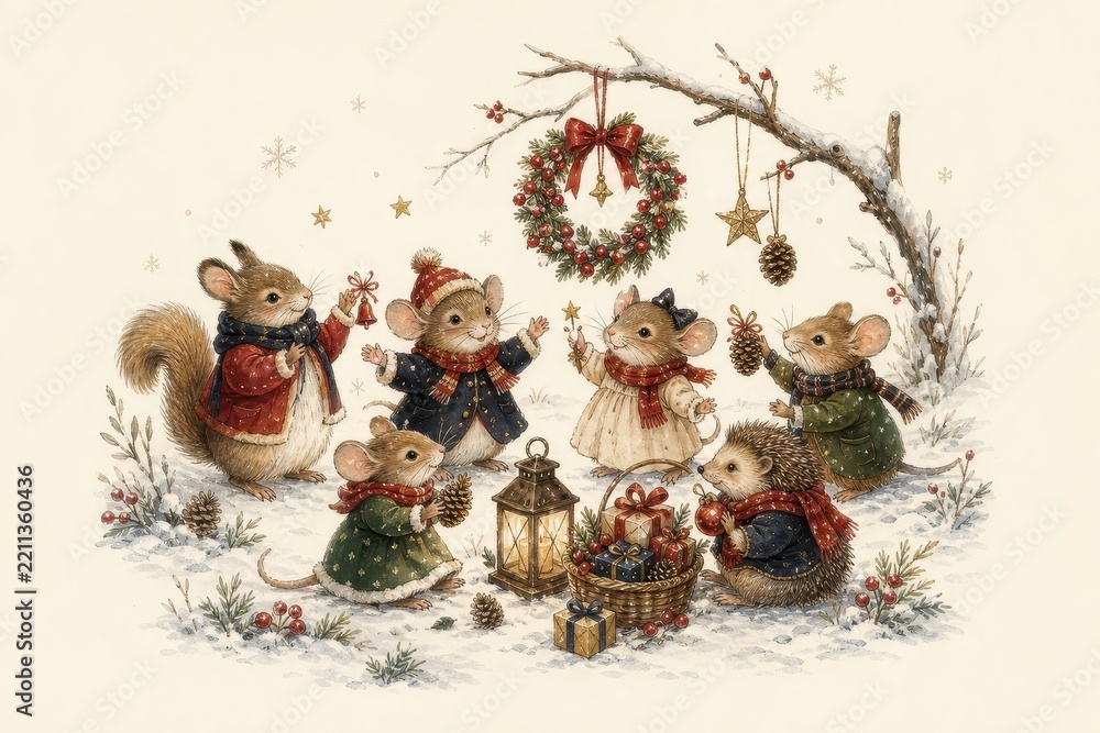Obraz premium Whimsical woodland animals celebrating cozy winter holiday cheer