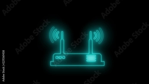 Glowing neon outline of a wireless router with antennas and signal waves animation on a black background