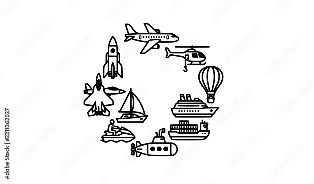 Obraz premium Air and Water Transport Thick Outline Icon Set 