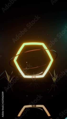 Vertical video: Lighting hexagon glow, orbiting ring pulsing in set casting floor mirror for focus