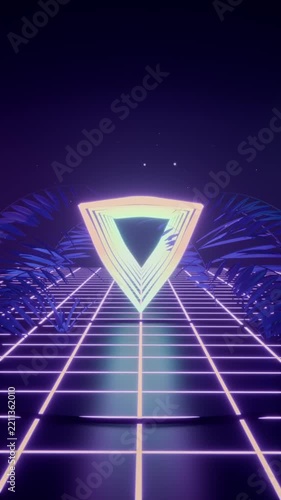 Vertical video: Dimming neon triangle pulsing into nested triangles over magenta-grid making tunnel