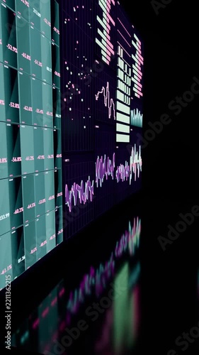 Vertical video: From dark camera panning by LED wall in hall to reveal charts on floor, copy space