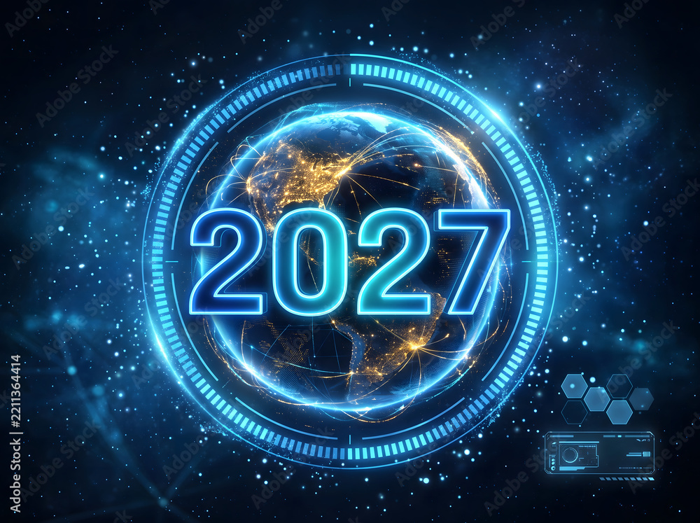 Fototapeta premium Futuristic glowing digital portal with 2027 text and planet Earth in a technology network concept for the upcoming new year