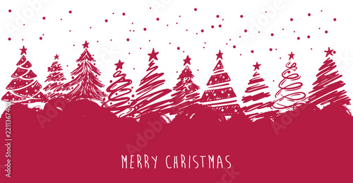 Merry Christmas Red Hand Drawn Trees Holiday Greeting Background