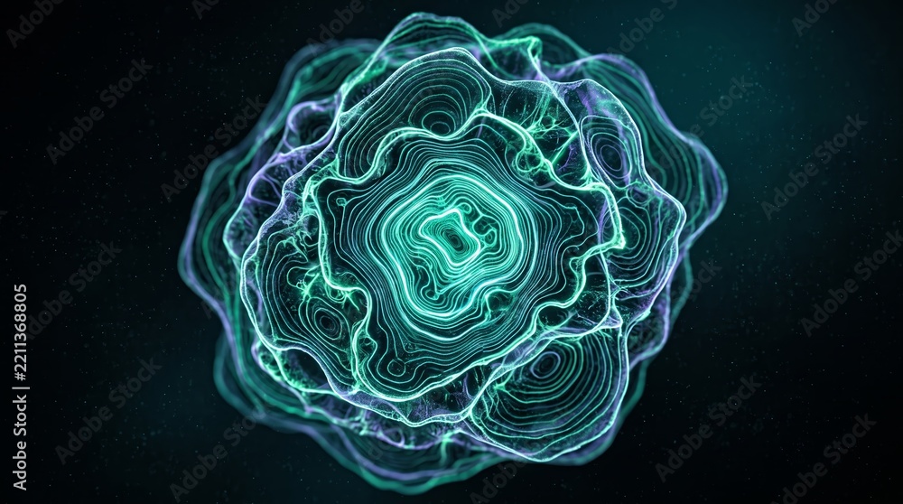 Fototapeta premium Irregular luminous loops form a layered circular shape with a bright winding center. Concept of immersive energy for entertainment and technology campaigns. Generative AI.