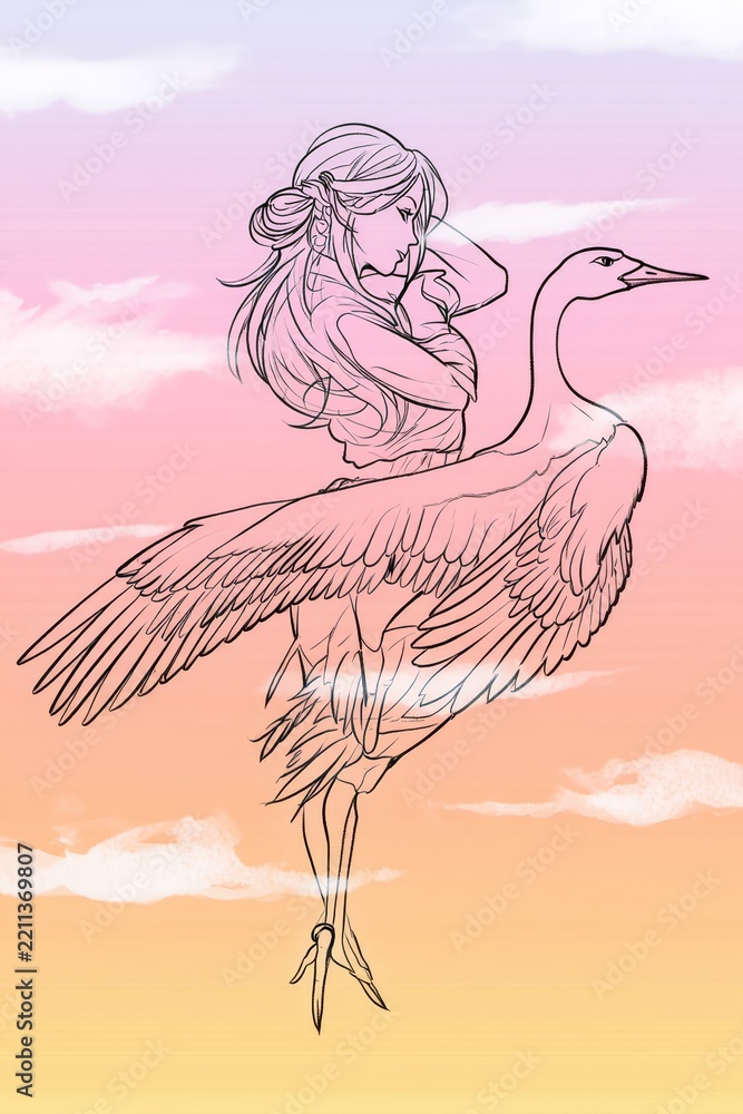 Fototapeta premium Whimsical Fantasy: Woman Riding a Crane in the Sky