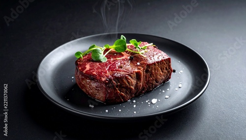 Exquisite Hot Steak Dish Artfully Plated on Black, Featuring Succulent Meat, Aromatic Herbs, and Gourmet Salt for a Culinary Delight