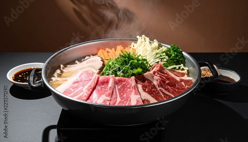 Delicious hot pot meal with fresh ingredients, ready to be cooked