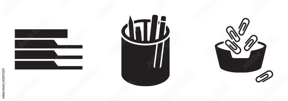Fototapeta premium Office Supplies Icons: Stacked Papers, Pencil Holder, Paperclip Dispenser, Business Organization, Stationery Graphics